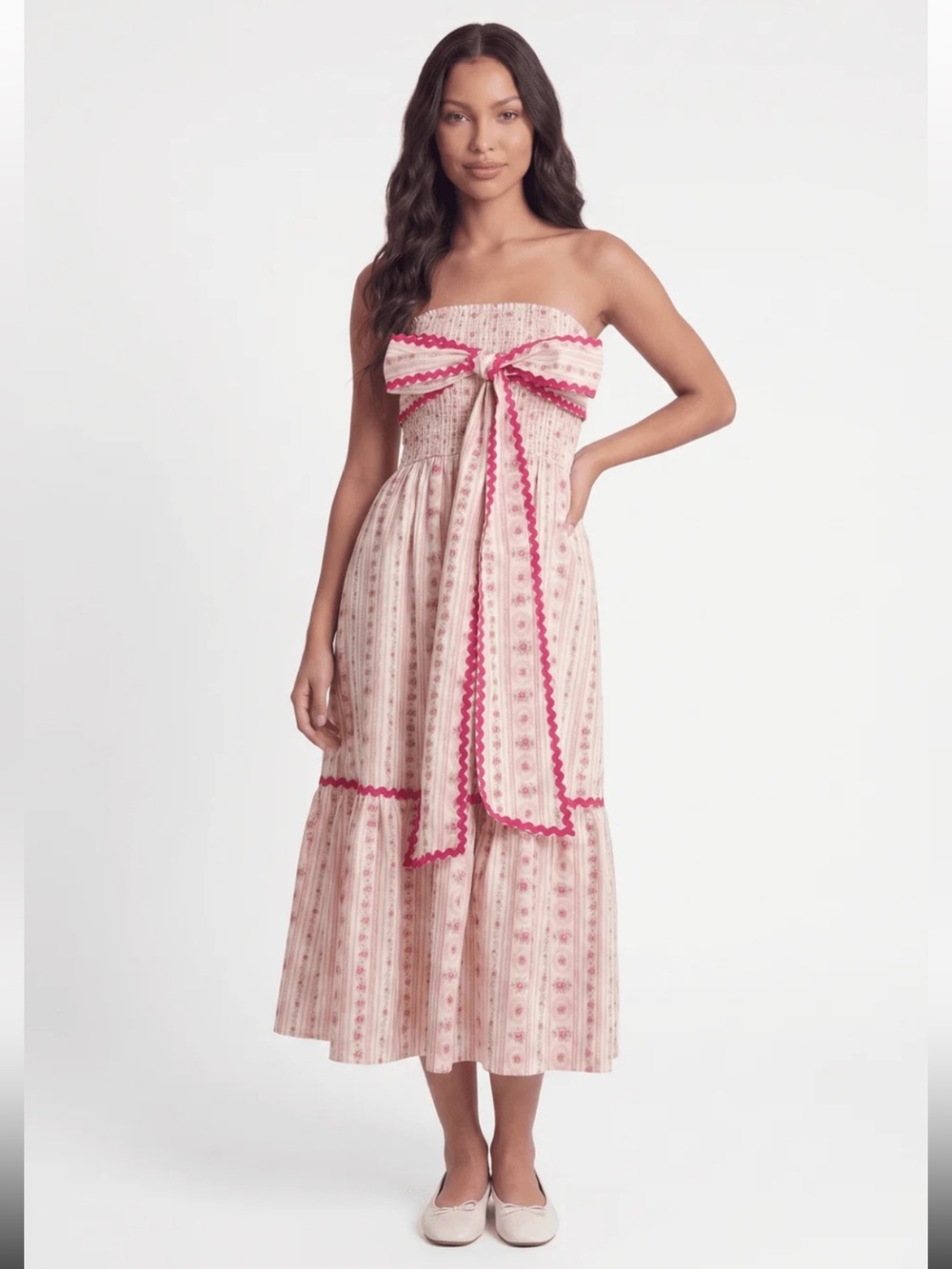 563. Cotton Strapless Pink Floral Midi Dress with Bow